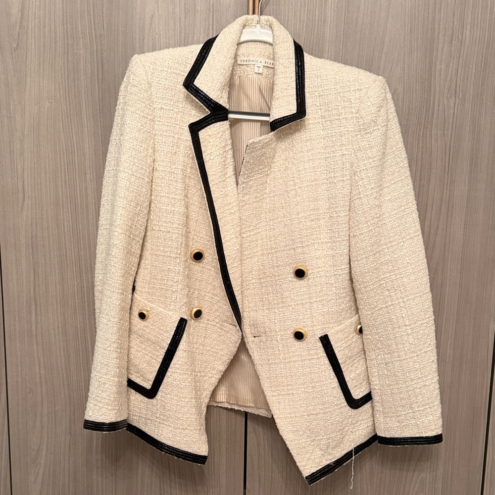 Veronica Beard Cream Bouclé Blazer with Black Trim